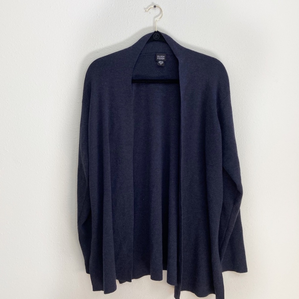 Eileen Fisher Blue Black Wool Open Cardigan L